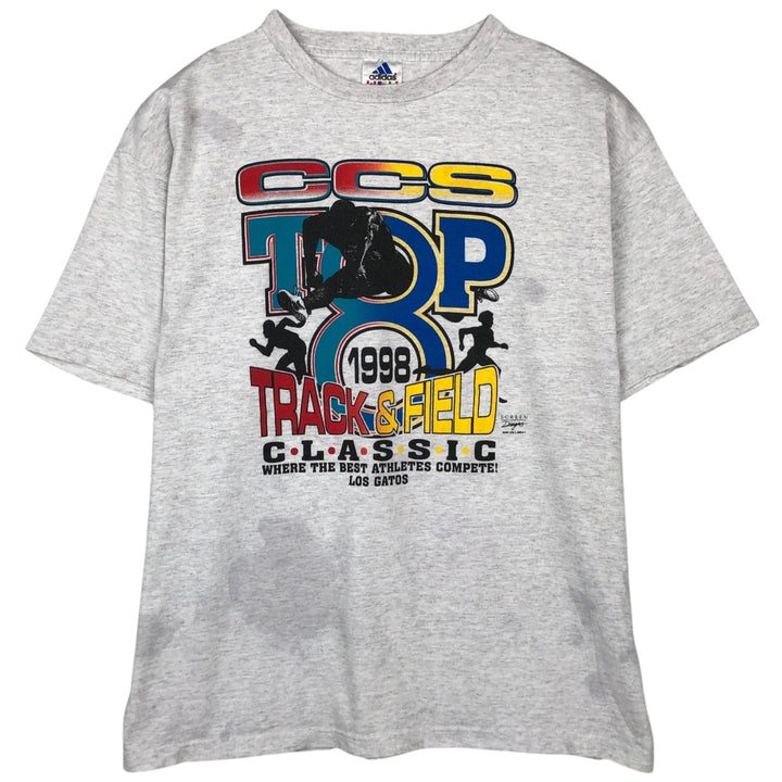 90'S Adidas back logo sports print t-shirt, made in USA, men's size L equivalent, vintage. cotton gray type Vintage Second Hand