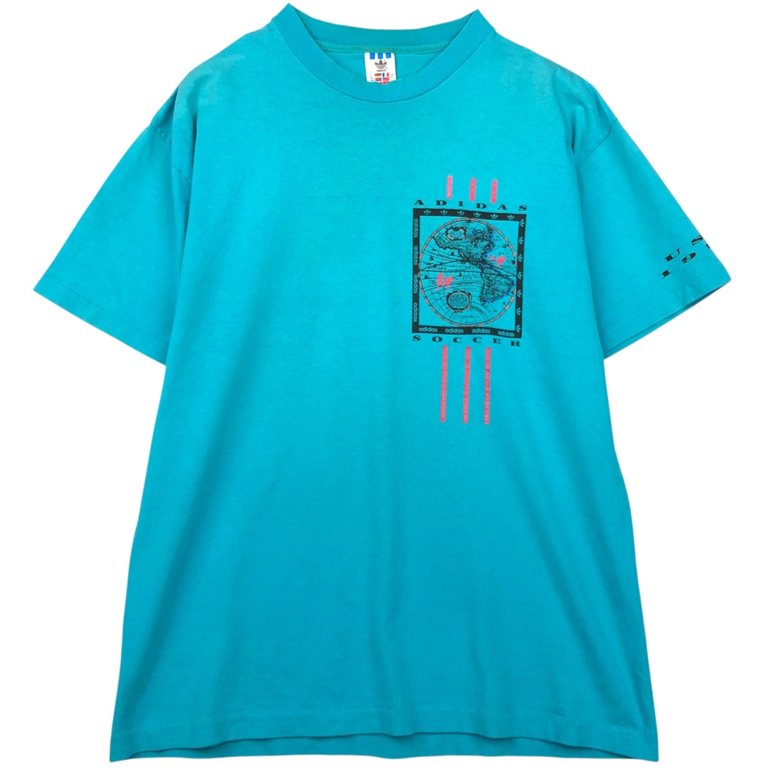Vintage 90'S Adidas sports print T-shirt, Made in USA, Men's Size L cotton turquoise blue Vintage Second Hand