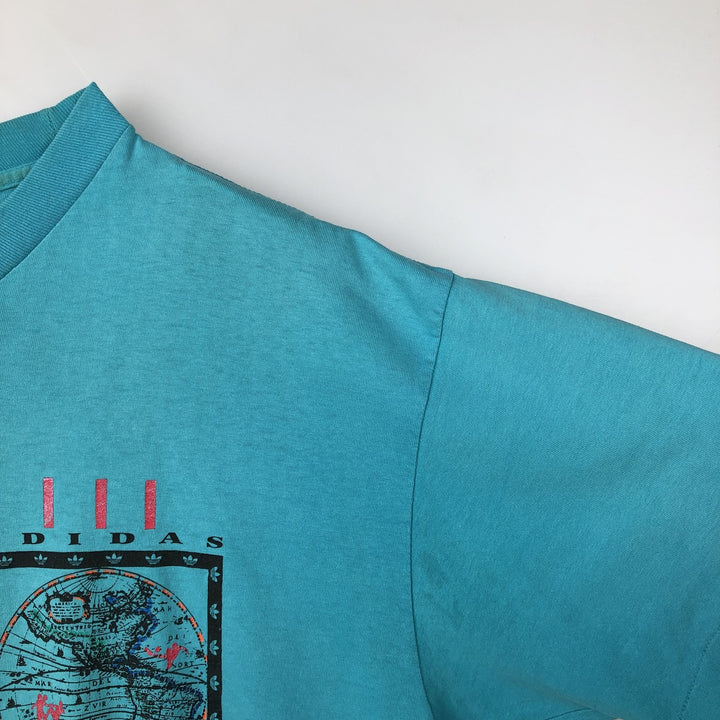 Vintage 90'S Adidas sports print T-shirt, Made in USA, Men's Size L cotton turquoise blue Vintage Second Hand