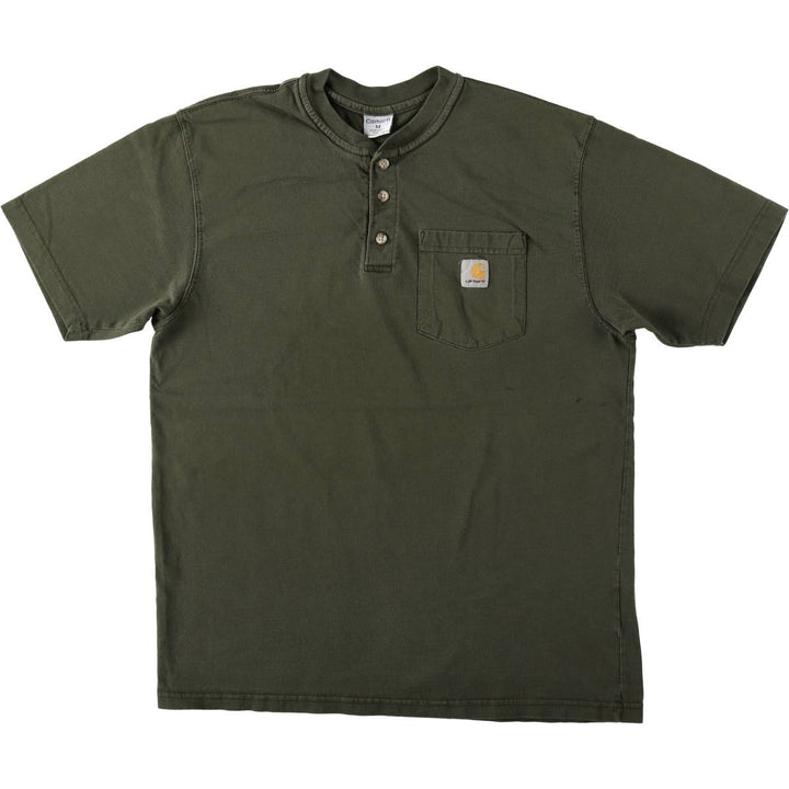 Carhartt Henley Neck Short Sleeve One-Point Logo Pocket T-Shirt, Men's Size Medium cotton Khaki type Vintage Second Hand