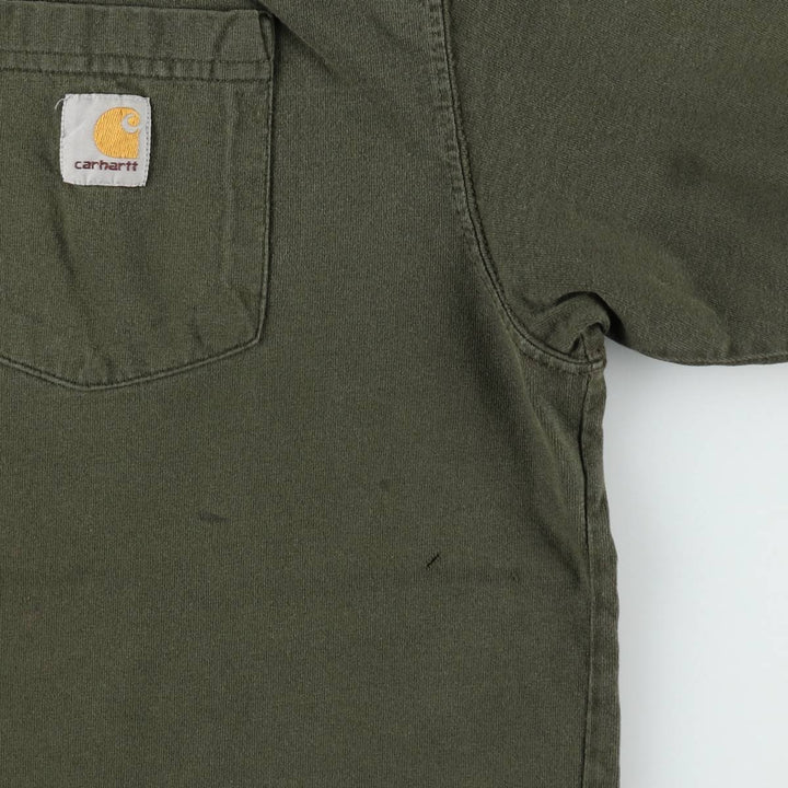 Carhartt Henley Neck Short Sleeve One-Point Logo Pocket T-Shirt, Men's Size Medium cotton Khaki type Vintage Second Hand