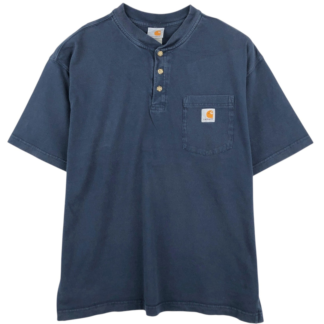 Carhartt Henley Neck Short Sleeve One Point Logo Pocket T-Shirt Men's L Size unclear navy blue type Vintage Second Hand