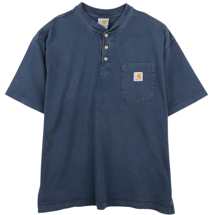 Carhartt Henley Neck Short Sleeve One Point Logo Pocket T-Shirt Men's L Size unclear navy blue type Vintage Second Hand