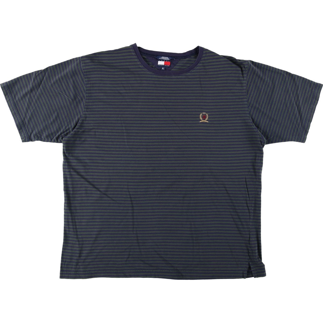 Tommy Hilfiger Border Pattern Short-Sleeve T-Shirt with One-Point Logo (Men's XL equivalent) cotton green type Vintage Second Hand