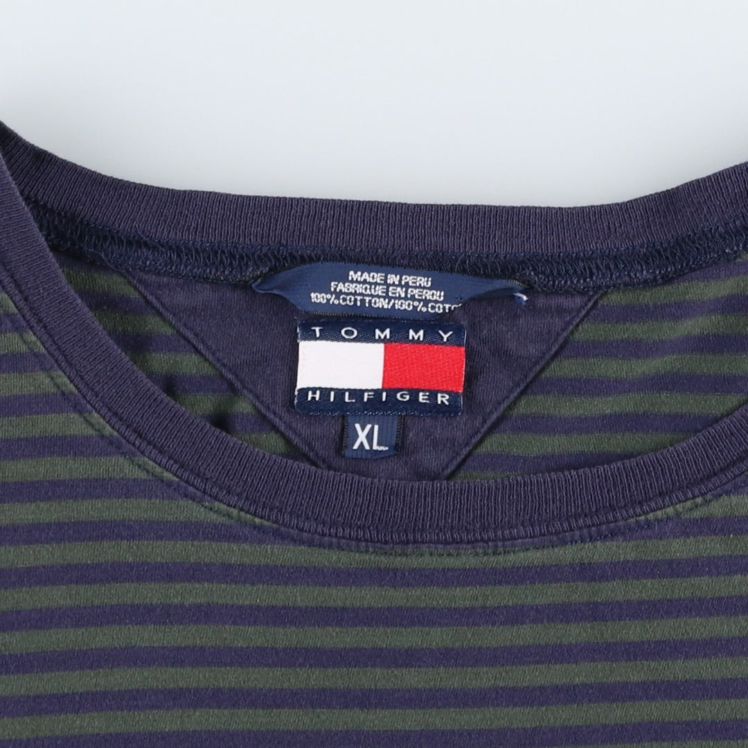 Tommy Hilfiger Border Pattern Short-Sleeve T-Shirt with One-Point Logo (Men's XL equivalent) cotton green type Vintage Second Hand