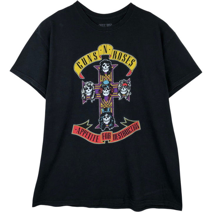 GUNS N' ROSES Skull Pattern Band T-shirt, Men's XL size cotton black type Vintage Second Hand