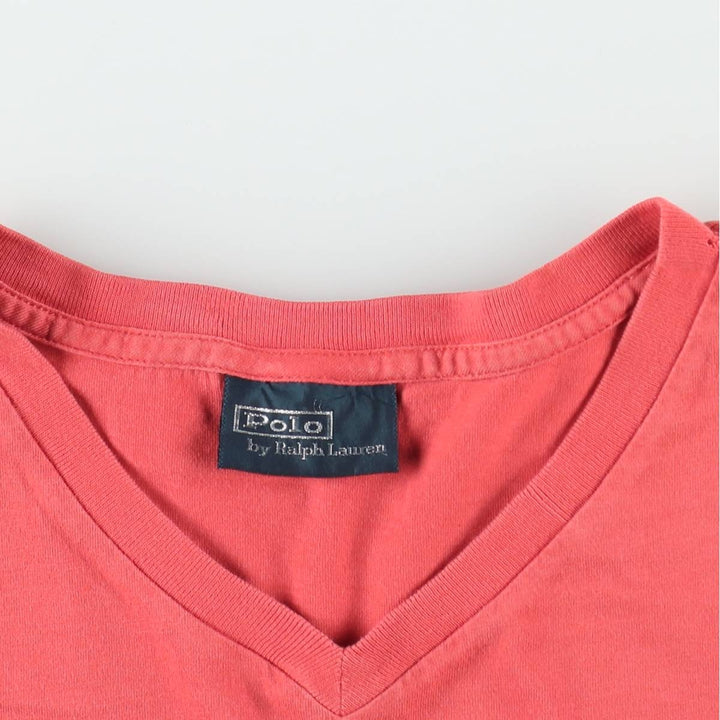 Ralph Lauren POLO by Ralph Lauren V-neck short-sleeve one-point logo T-shirt, men's size L unclear pink type Vintage Second Hand