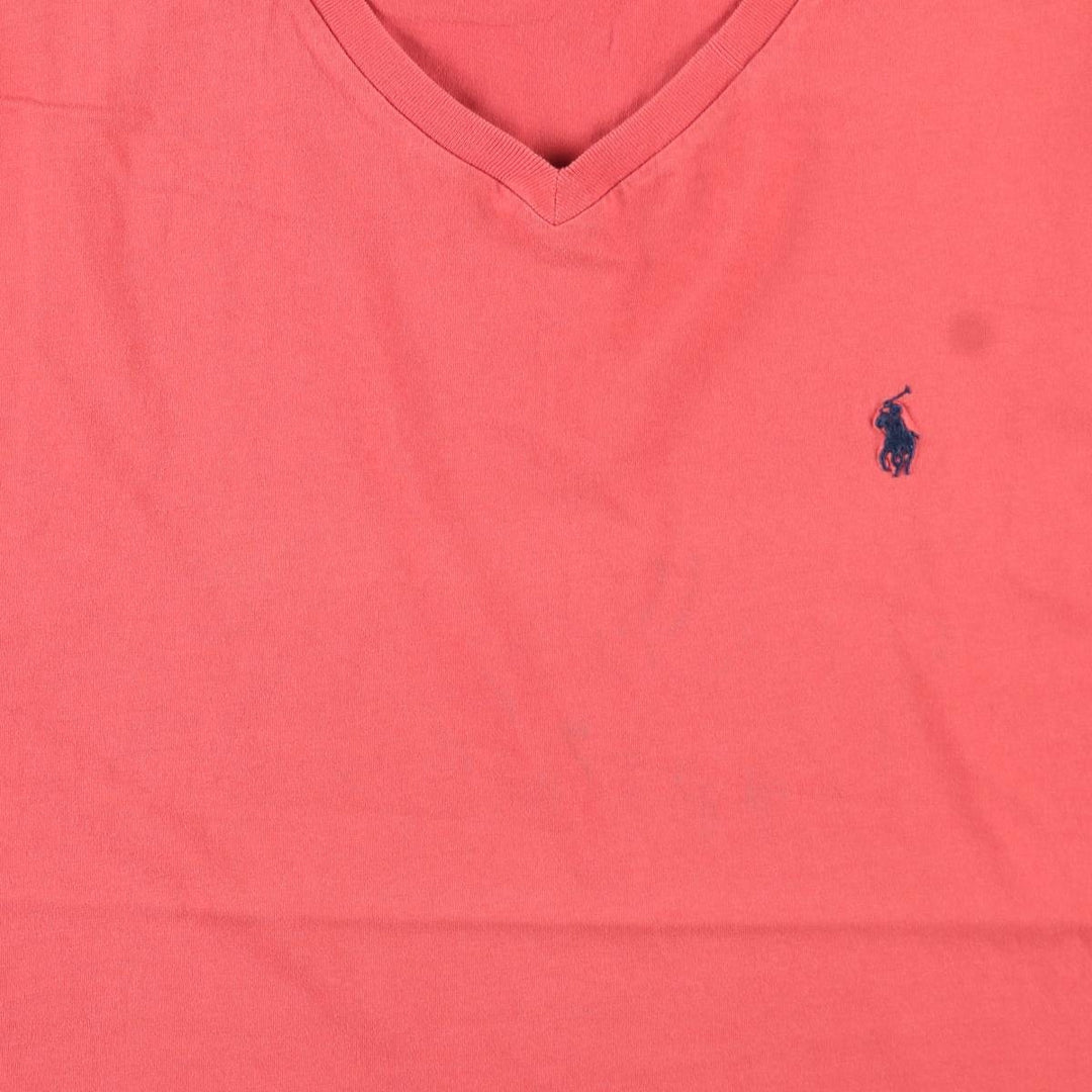 Ralph Lauren POLO by Ralph Lauren V-neck short-sleeve one-point logo T-shirt, men's size L unclear pink type Vintage Second Hand