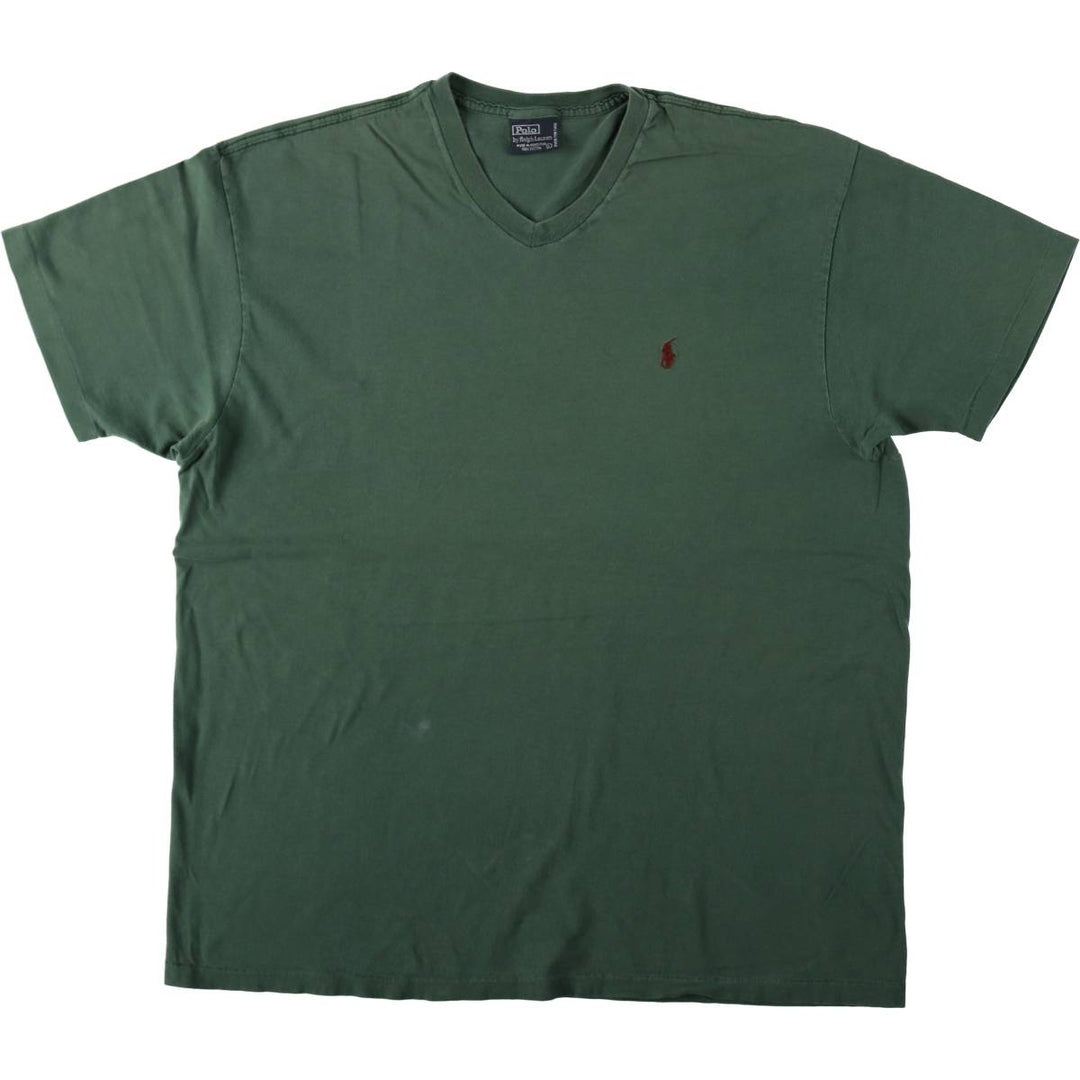 Ralph Lauren POLO by Ralph Lauren V-neck short-sleeve one-point logo T-shirt, men's size L cotton Khaki type Vintage Second Hand