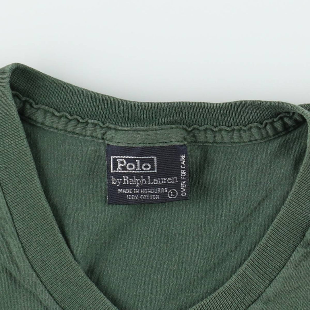 Ralph Lauren POLO by Ralph Lauren V-neck short-sleeve one-point logo T-shirt, men's size L cotton Khaki type Vintage Second Hand