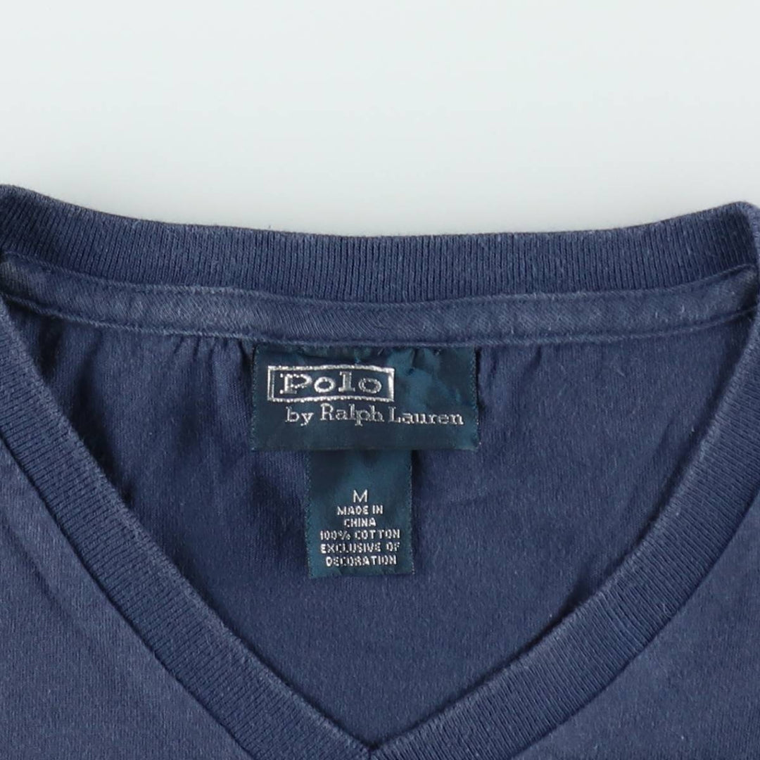 Ralph Lauren POLO by Ralph Lauren V-neck short-sleeved T-shirt with a single logo, men's size M (approx.) cotton navy blue type Vintage Second Hand
