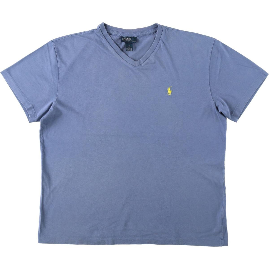 Ralph Lauren POLO by Ralph Lauren V-neck short-sleeved T-shirt with a single logo, men's size M (approx.) cotton blue type Vintage Second Hand