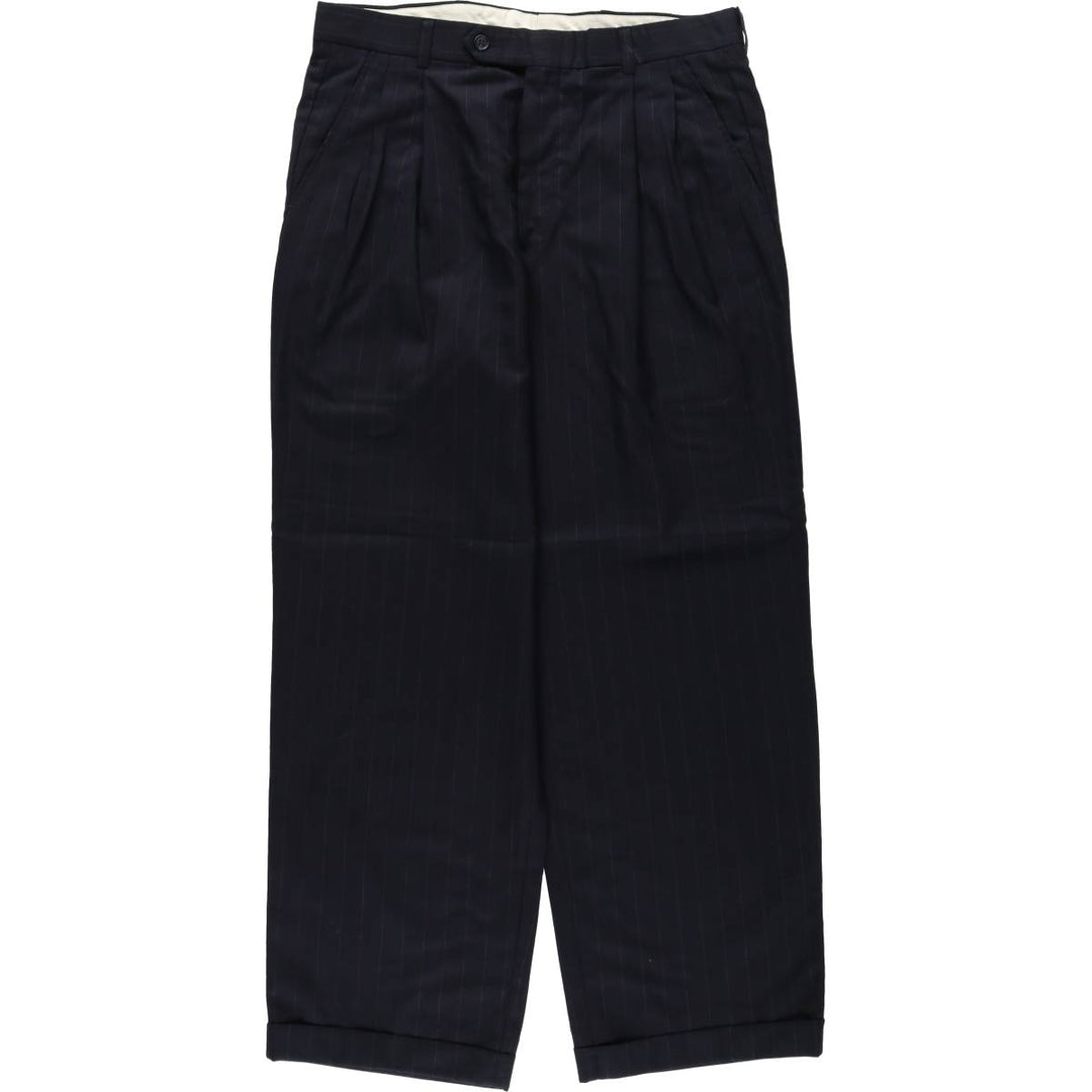 90'S Stripe Pattern Two-Pleat Slacks Pants Men's W34 (approx.) unclear navy blue type Vintage Second Hand