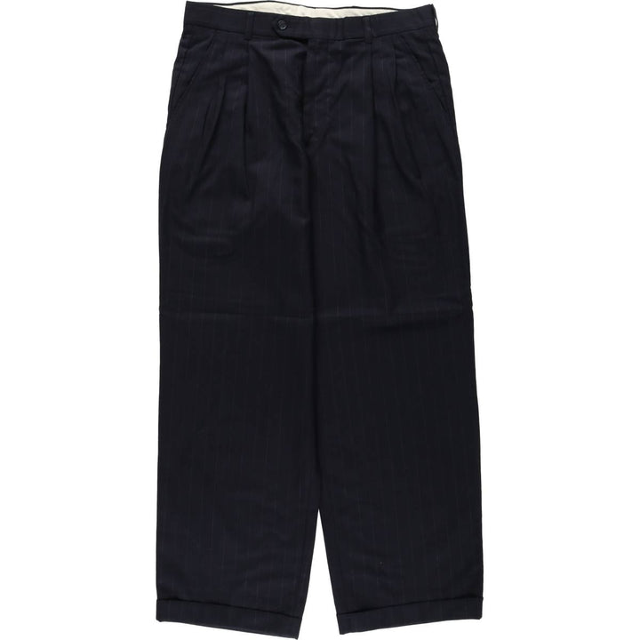 90'S Stripe Pattern Two-Pleat Slacks Pants Men's W34 (approx.) unclear navy blue type Vintage Second Hand