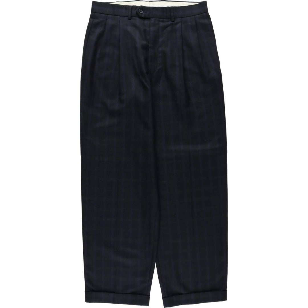 St. Michael check pattern two-pleat poly/wool trousers, made in England, men's size W32 (approx.) polyester navy blue type Vintage Second Hand