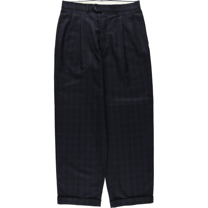 St. Michael check pattern two-pleat poly/wool trousers, made in England, men's size W32 (approx.) polyester navy blue type Vintage Second Hand