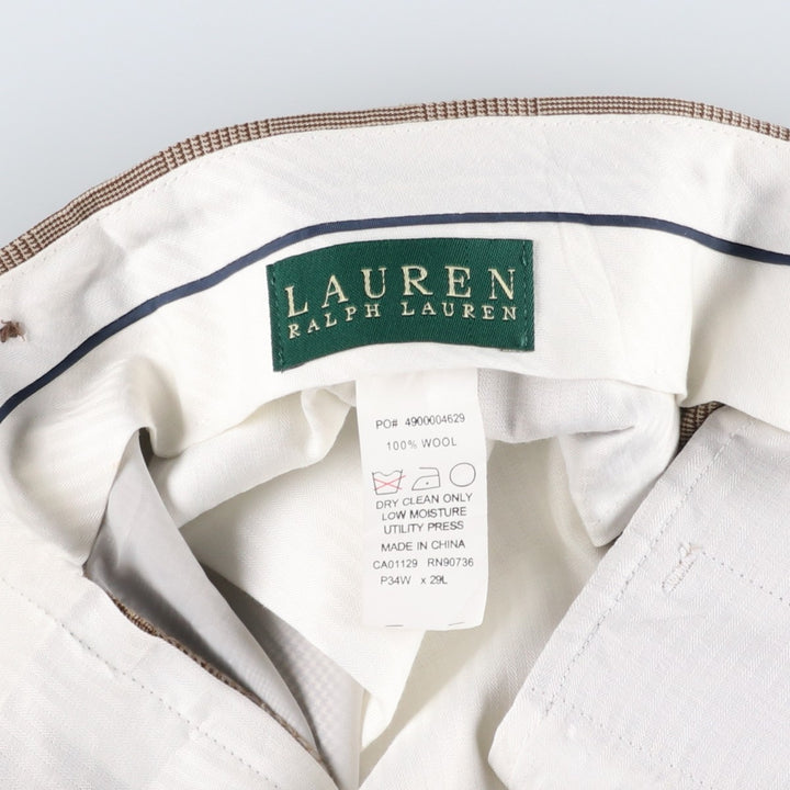 Ralph Lauren Glen Plaid Two-Pleat Wool Trousers/Slacks, Men's Size W34 (approx.) wool Beige type Vintage Second Hand
