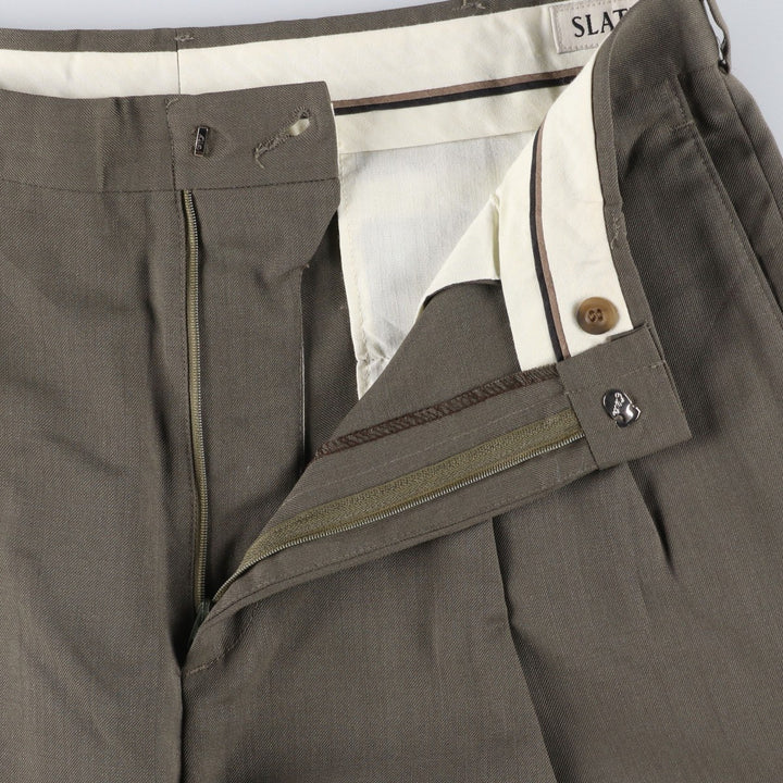 90'S SLATES Two-Pleat Wool Trousers, Made in USA, Men's Size W34 (approx.), Vintage polyester Khaki type Vintage Second Hand