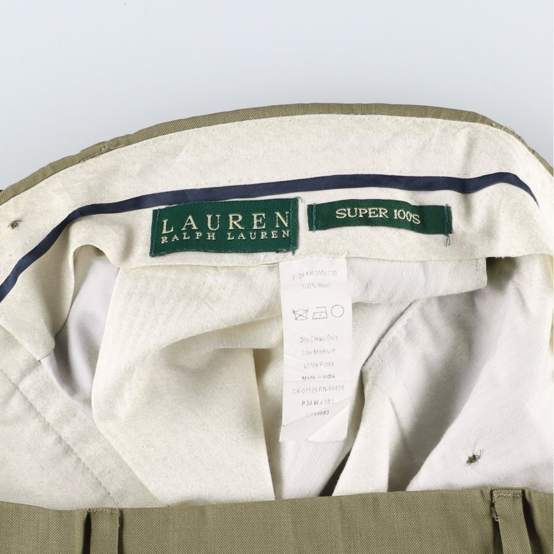 Ralph Lauren LAUREN SUPER 100'S Two-Pleat Wool Trousers/Slacks Men's W34 (approx.) wool Khaki type beige Vintage Second Hand