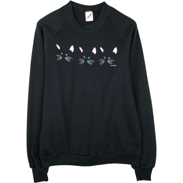 80s-90'S Jerzees Cat Pattern Animal Sweatshirt, Made in USA, Women's Size M (approx.), Vintage cotton black type Vintage Second Hand