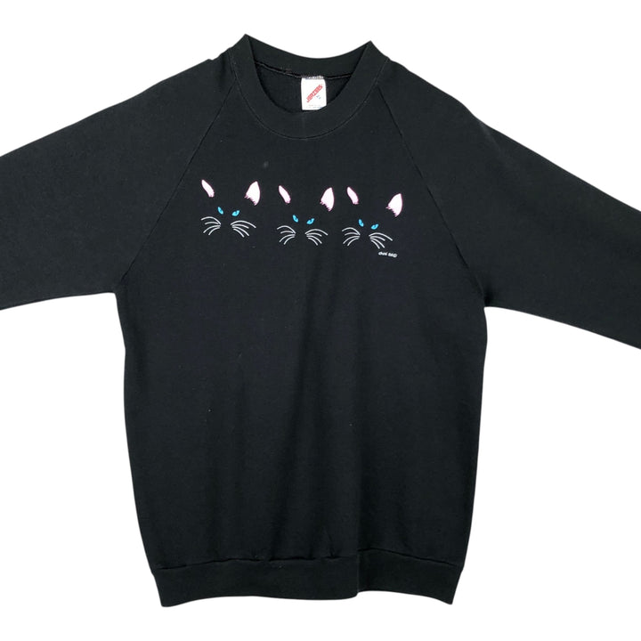 80s-90'S Jerzees Cat Pattern Animal Sweatshirt, Made in USA, Women's Size M (approx.), Vintage cotton black type Vintage Second Hand