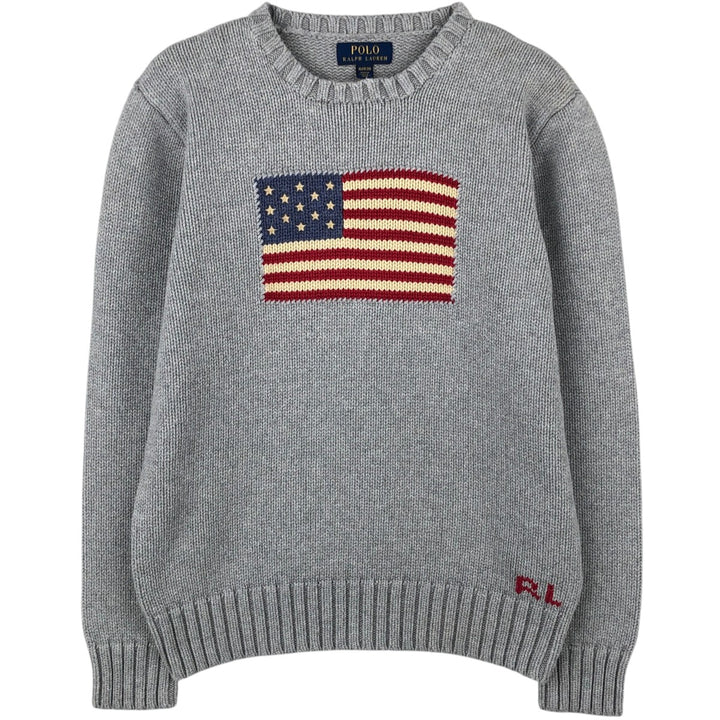 Ralph Lauren POLO RALPH LAUREN American flag pattern cotton knit sweater, women's size S (approx.) cotton gray type Vintage Second Hand