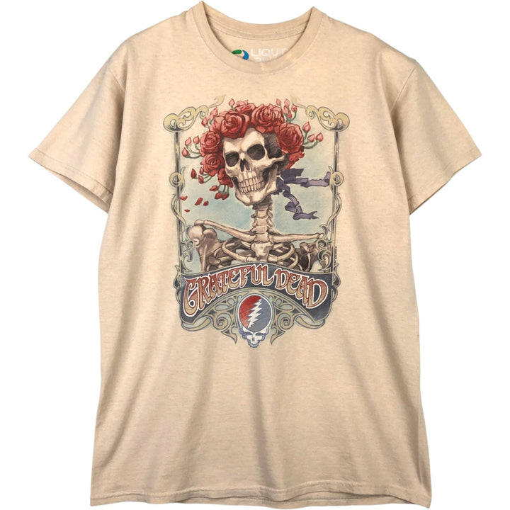 Liquid Blue (Grateful Dead) Skull Pattern Floral Band T-Shirt (Men's Size M) cotton Beige type Vintage Second Hand