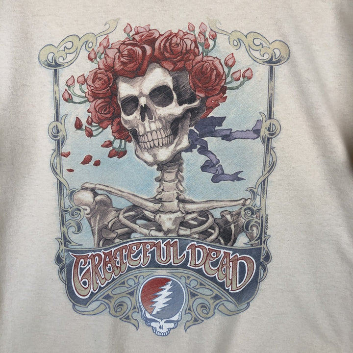 Liquid Blue (Grateful Dead) Skull Pattern Floral Band T-Shirt (Men's Size M) cotton Beige type Vintage Second Hand