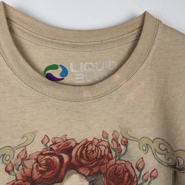 Liquid Blue (Grateful Dead) Skull Pattern Floral Band T-Shirt (Men's Size M) cotton Beige type Vintage Second Hand