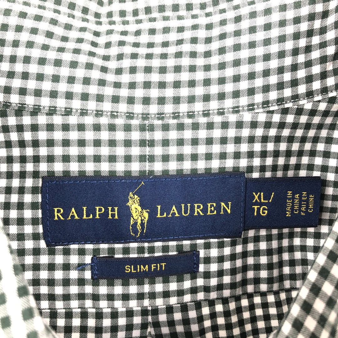 Ralph Lauren SLIM FIT gingham check long-sleeve button-down shirt, men's size XL (approx.) cotton green type Vintage Second Hand