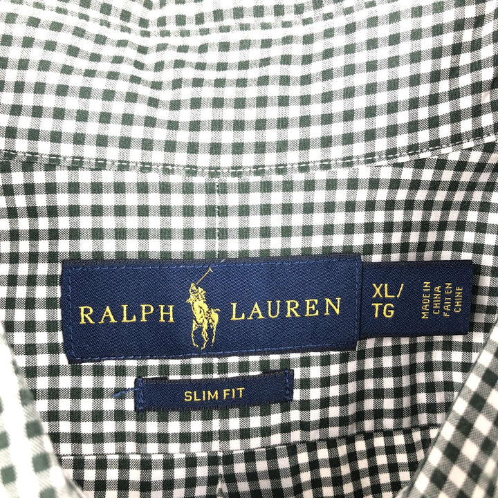 Ralph Lauren SLIM FIT gingham check long-sleeve button-down shirt, men's size XL (approx.) cotton green type Vintage Second Hand
