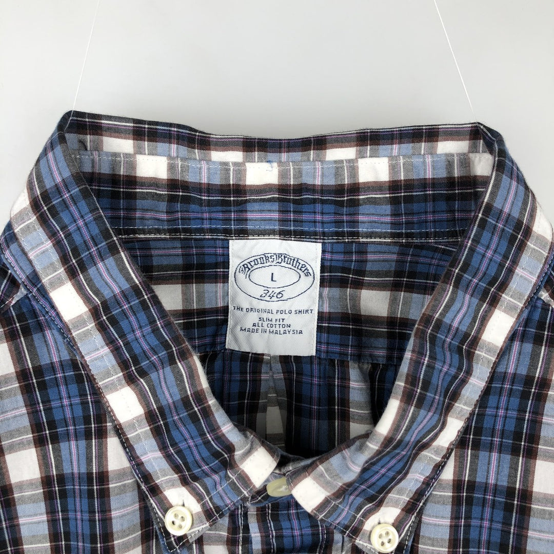 Brooks Brothers 346 Slim Fit Check Pattern Long Sleeve Button-Down Check Shirt (Men's Size L equivalent) cotton blue type Vintage Second Hand