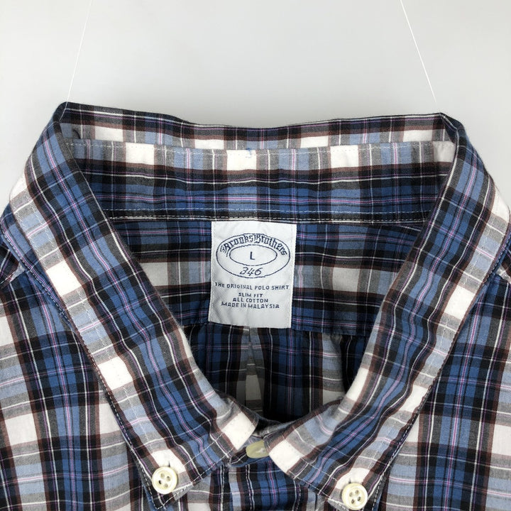 Brooks Brothers 346 Slim Fit Check Pattern Long Sleeve Button-Down Check Shirt (Men's Size L equivalent) cotton blue type Vintage Second Hand