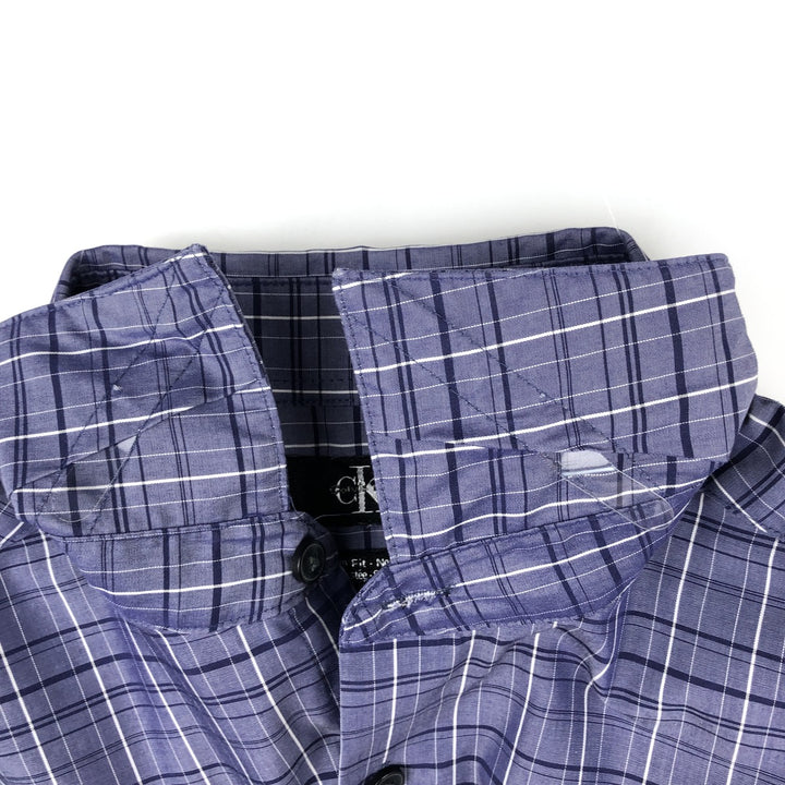 90s-00'S Calvin Klein Slim Fit equivalent wide collar long-sleeved cotton check shirt men's L cotton Indigo Vintage Second Hand