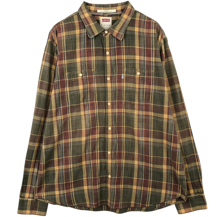 Levi's Standard Fit Long-Sleeve Cotton Check Shirt, Men's Size XXL (approx.) cotton Khaki type Vintage Second Hand