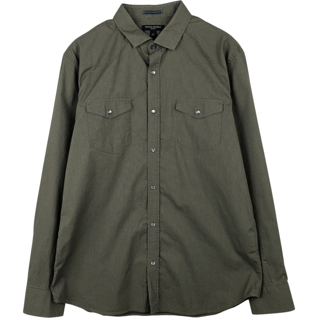 Banana Republic Slim Fit All-Over Print Long-Sleeve Western Shirt (Men's Size L) cotton Khaki type Vintage Second Hand