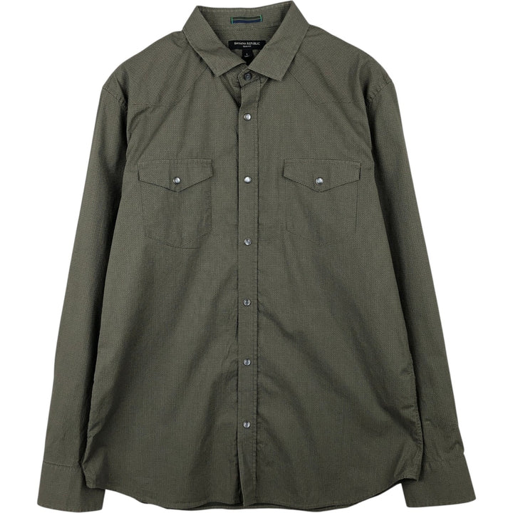 Banana Republic Slim Fit All-Over Print Long-Sleeve Western Shirt (Men's Size L) cotton Khaki type Vintage Second Hand