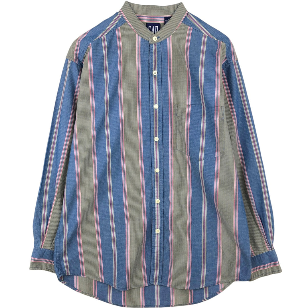 90'S GAP (Old GAP) Stand Collar Multi-Stripe Long Sleeve Cotton Stripe Shirt, Men's Size M (approx.) cotton Khaki type Vintage Second Hand