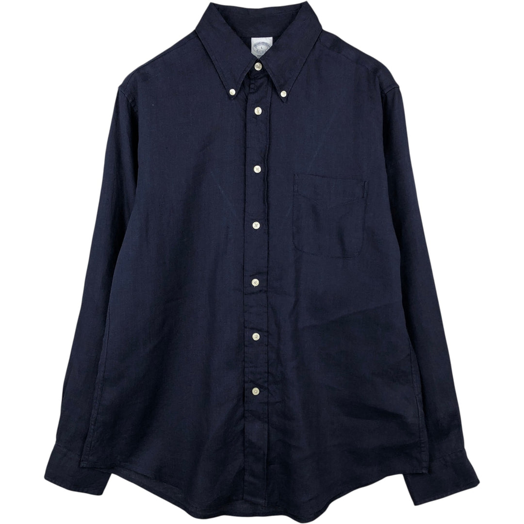 Brooks Brothers Est. 1818 REGENT Long Sleeve Linen Button-Down Shirt, Men's Size L linen navy blue type Vintage Second Hand