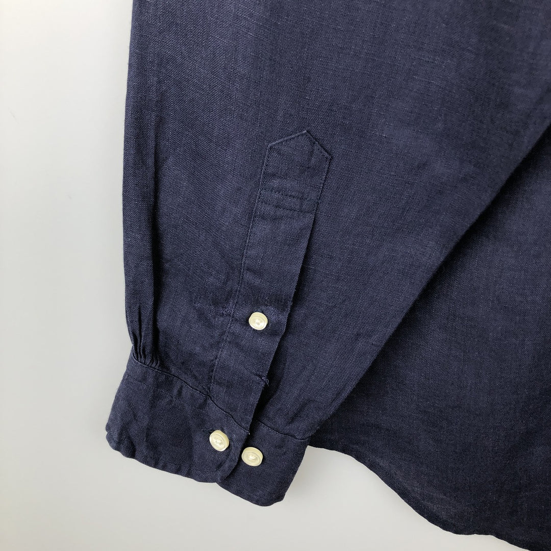 Brooks Brothers Est. 1818 REGENT Long Sleeve Linen Button-Down Shirt, Men's Size L linen navy blue type Vintage Second Hand