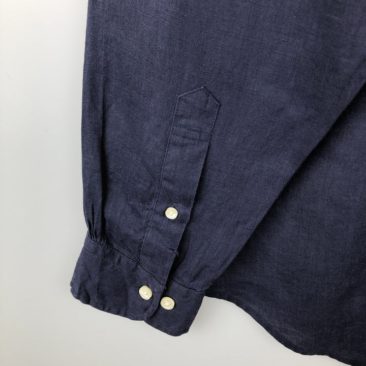 Brooks Brothers Est. 1818 REGENT Long Sleeve Linen Button-Down Shirt, Men's Size L linen navy blue type Vintage Second Hand