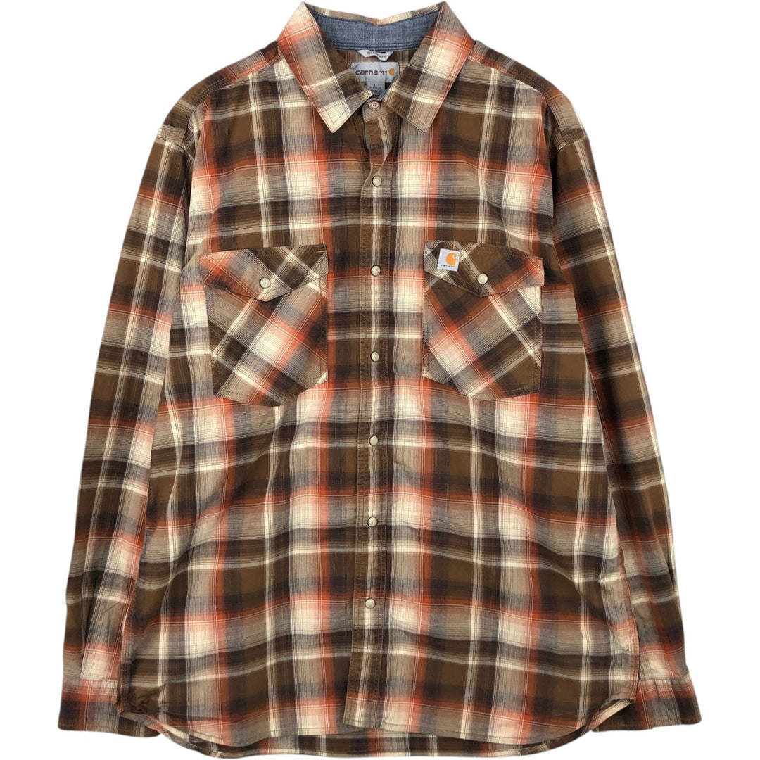 Carhartt Relaxed Fit Check Pattern Long Sleeve Work Shirt, Men's Size L cotton brown type Vintage Second Hand