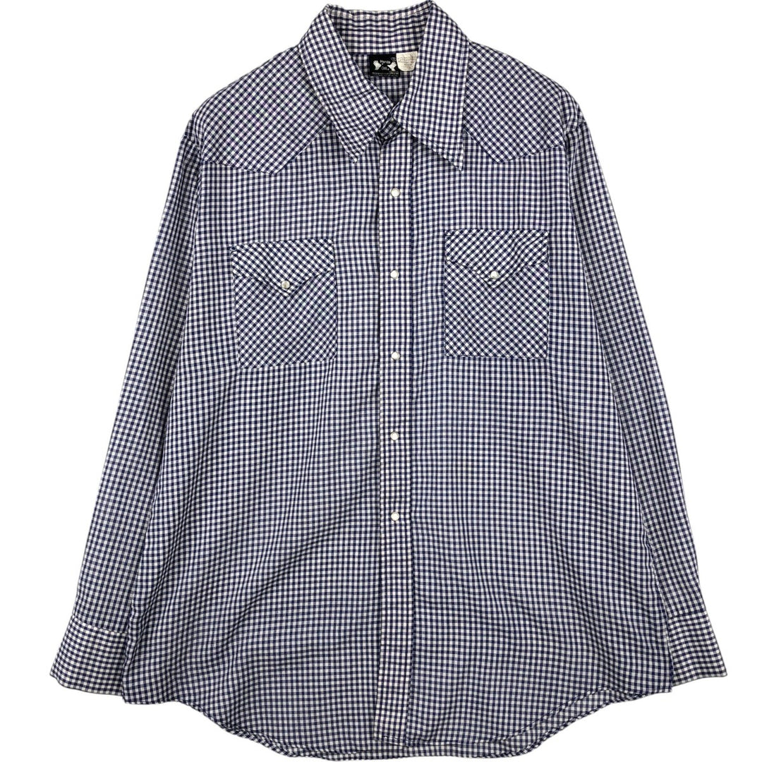 Hands Off Sears Check Pattern Gingham Check Long Sleeve Western Shirt (Men's XL equivalent) polyester blue type Vintage Second Hand