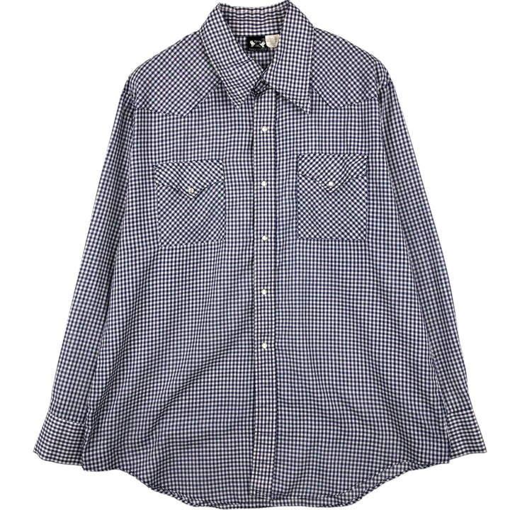 Hands Off Sears Check Pattern Gingham Check Long Sleeve Western Shirt (Men's XL equivalent) polyester blue type Vintage Second Hand