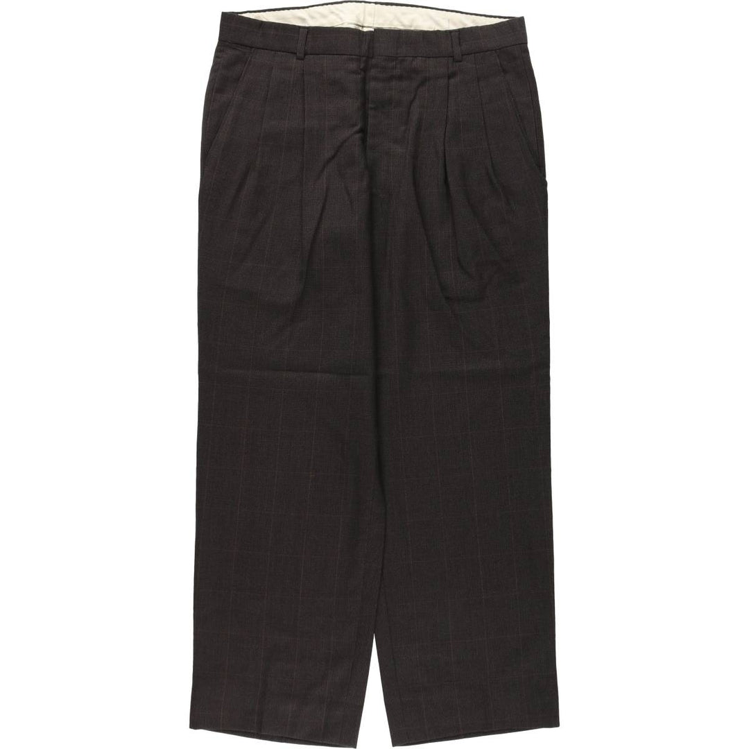 ~90'S Check Pattern Slacks Pants Men's W33 (approx.) Three-Pleat Vintage unclear Charcoal Vintage Second Hand