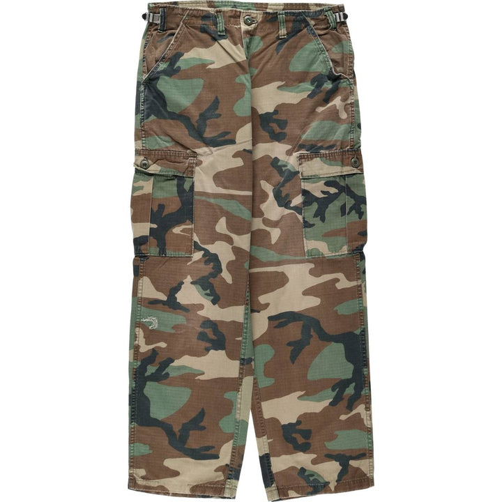 Civilian-made camouflage pattern woodland camo ripstop military cargo pants/combat pants, made in the USA, men's size W32 (approx.). polyester Khaki type Vintage Second Hand