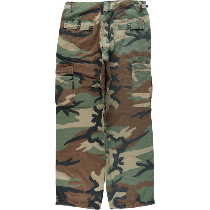 Civilian-made camouflage pattern woodland camo ripstop military cargo pants/combat pants, made in the USA, men's size W32 (approx.). polyester Khaki type Vintage Second Hand