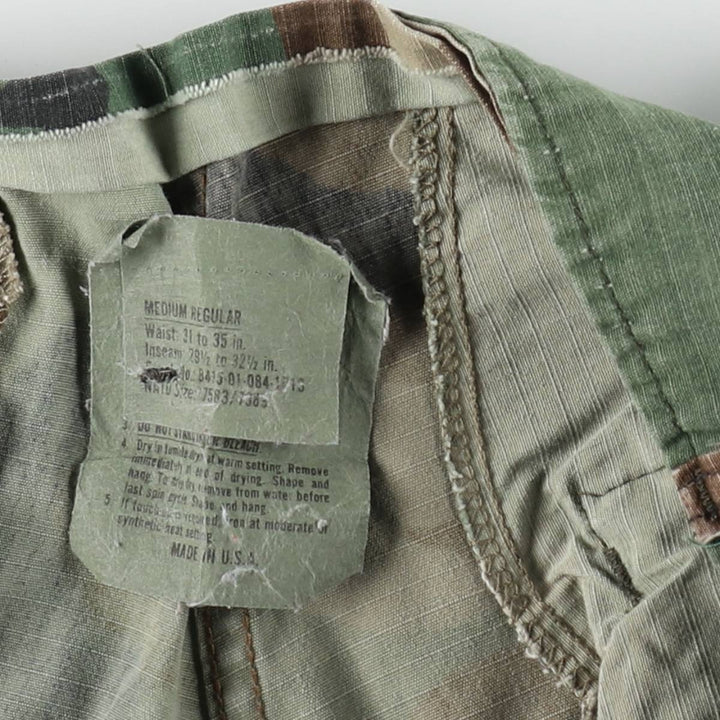 Civilian-made camouflage pattern woodland camo ripstop military cargo pants/combat pants, made in the USA, men's size W32 (approx.). polyester Khaki type Vintage Second Hand