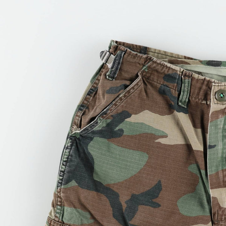 Civilian-made camouflage pattern woodland camo ripstop military cargo pants/combat pants, made in the USA, men's size W32 (approx.). polyester Khaki type Vintage Second Hand