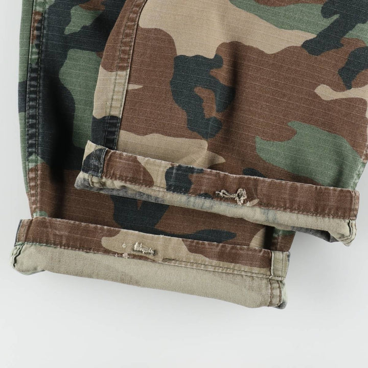 Civilian-made camouflage pattern woodland camo ripstop military cargo pants/combat pants, made in the USA, men's size W32 (approx.). polyester Khaki type Vintage Second Hand